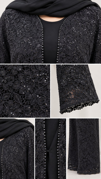 Close-up detail collage showing floral sequin lace texture and delicate beaded trim on cardigan