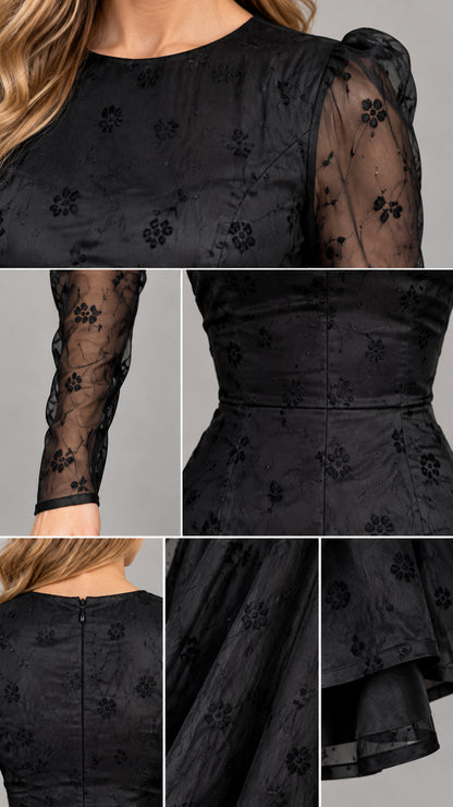 Close-up details of black sheer floral embroidered neckline, sleeve, and hem