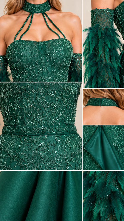 Detailed collage of Emerald Green gown highlighting sequin embroidery, halter neckline, and feather cuffs
