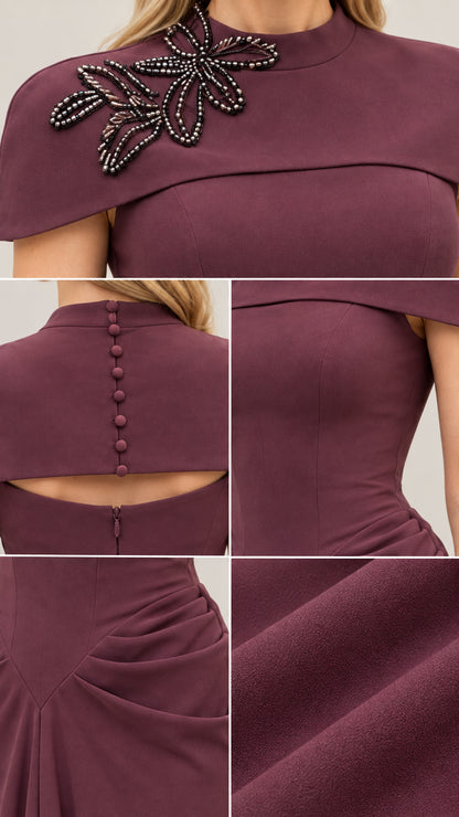 Close-up details of beaded floral embroidery, neckline, and ruched waist