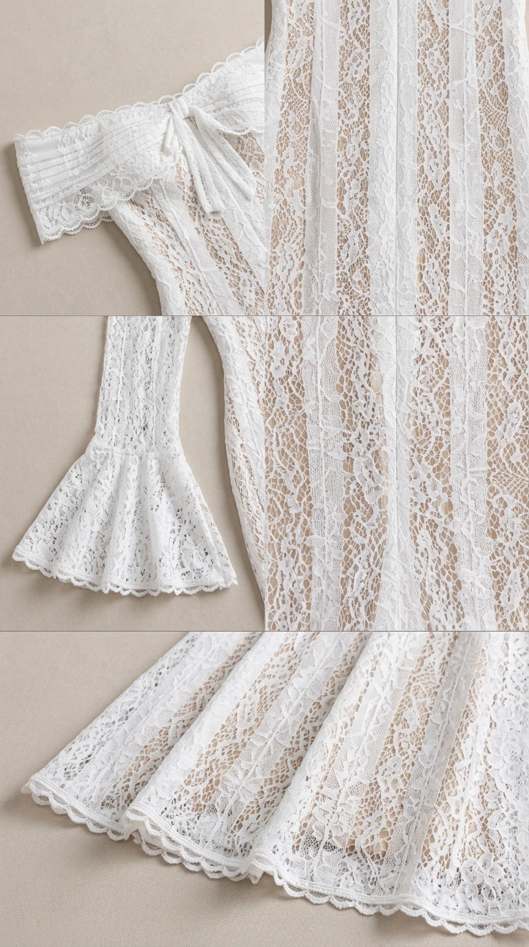 Close-up detail of white floral lace texture, neckline bow, and flared hem