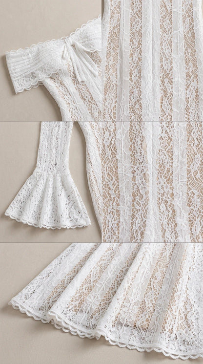 Close-up detail of white floral lace texture, neckline bow, and flared hem