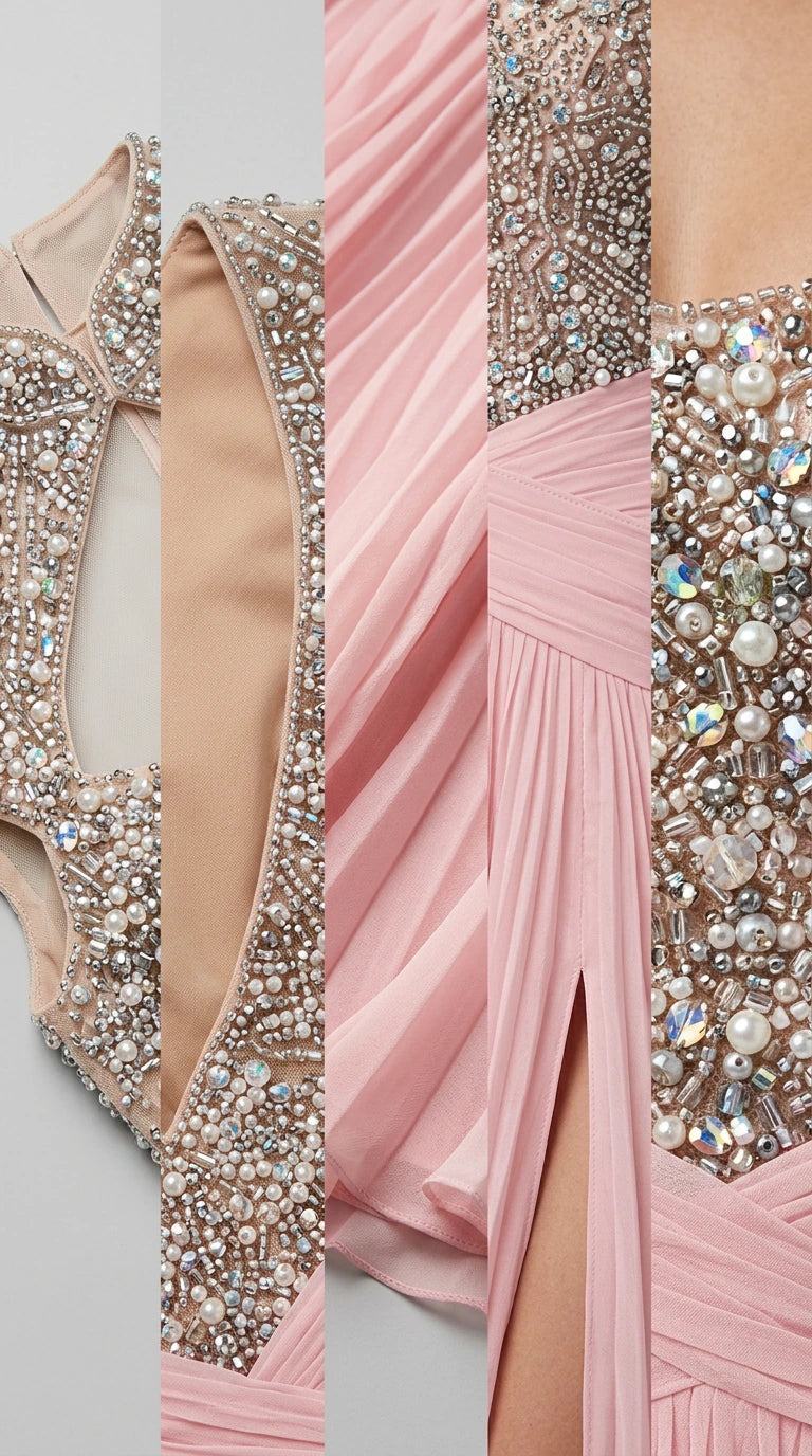 Close-up detail of intricate crystal beadwork, keyhole neck, and pleated Blush Pink chiffon fabric