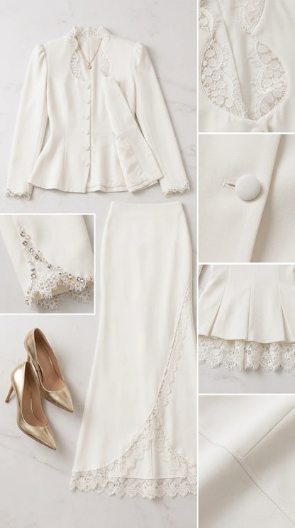 Flat lay and close-up detail photos of ivory jacket lace neckline, beaded cuffs, buttons, and skirt hem