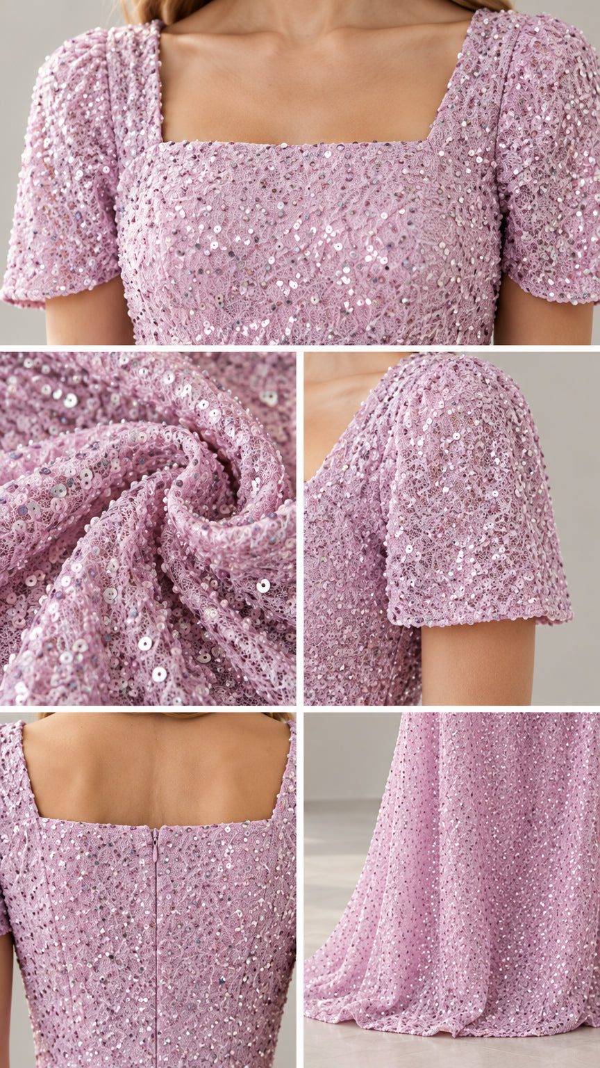 Close-up detail collage showing sequin fabric texture, square neckline, back zipper, and hem drape