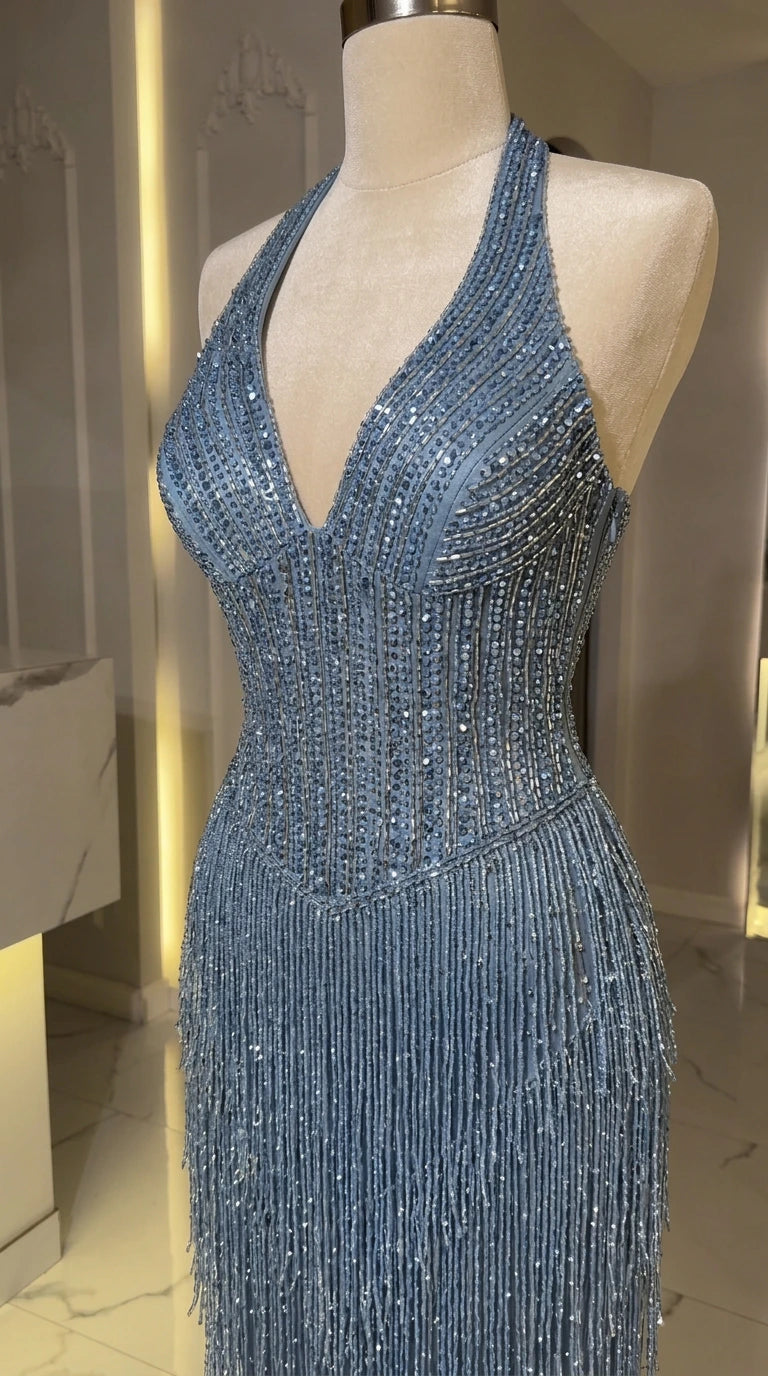 Mannequin close-up detail of Dusty Blue halter neckline and intricate beadwork