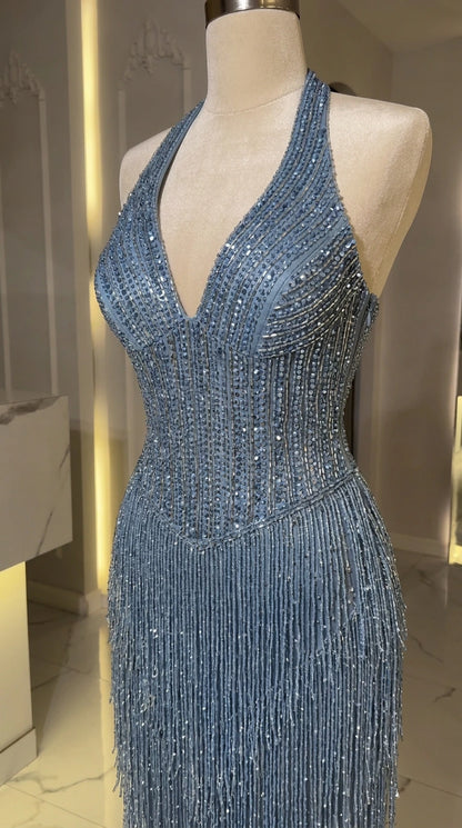 Mannequin close-up detail of Dusty Blue halter neckline and intricate beadwork