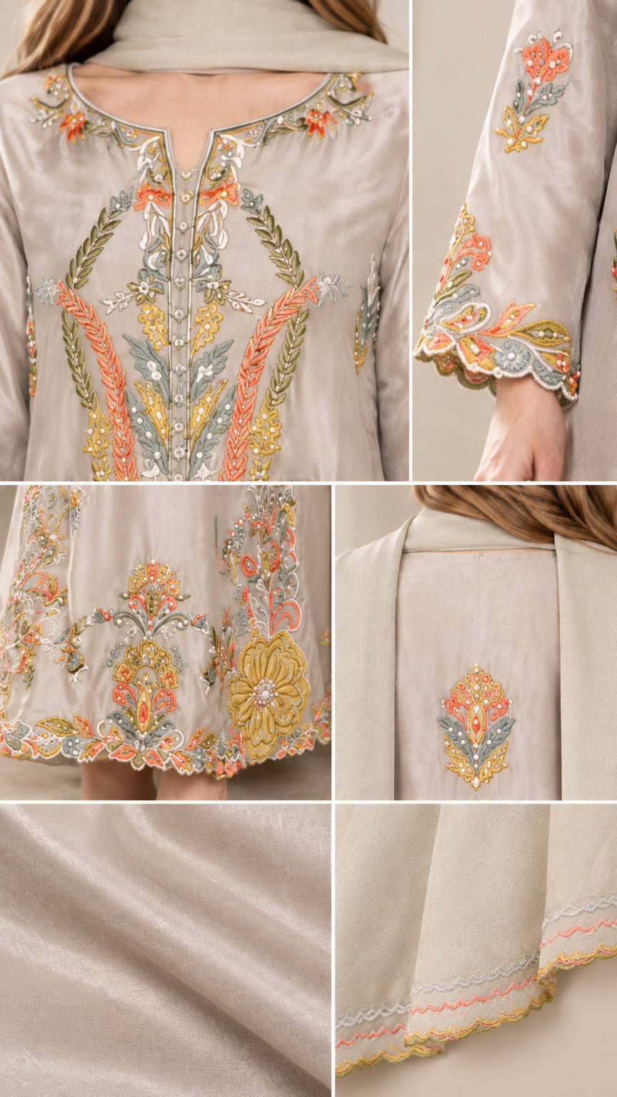 Detailed embroidery close-up on neckline, sleeves, and scalloped hem