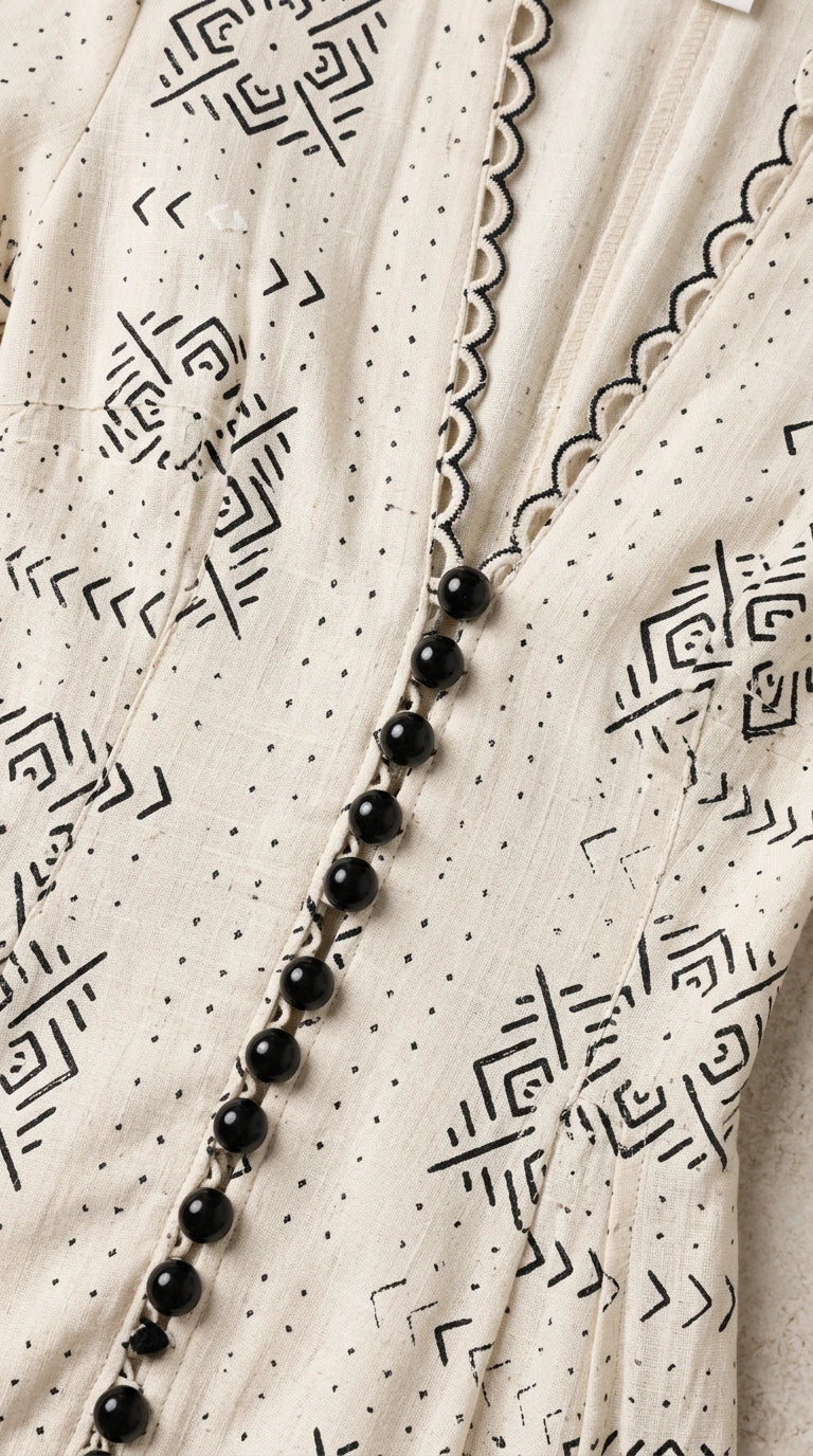Close-up detail of off-white fabric, scalloped neckline trim, and spherical button accents