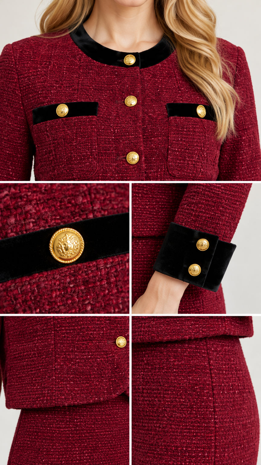 Close-up detail of textured burgundy tweed fabric, black trim, and crest-embossed gold buttons