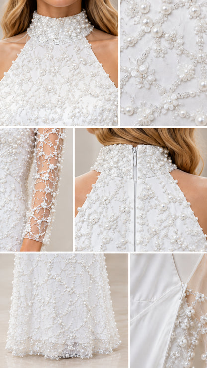 Close-up details of pearl beading neckline and sheer sleeve construction