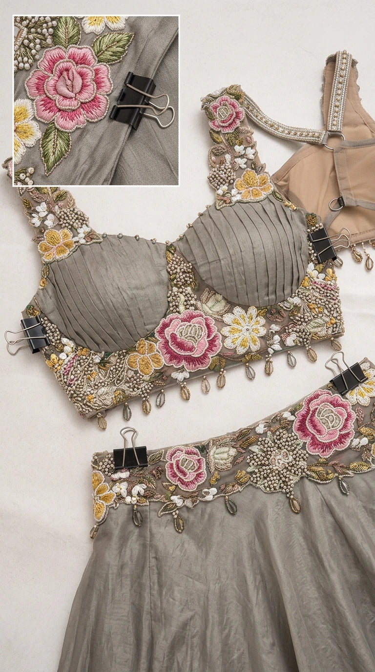 Close-up detail of embroidered floral bustier top with beaded tassel trim and waistband