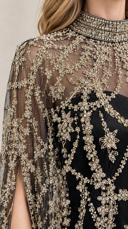 Close-up detail of high neckline and intricate gold embroidery on black mesh cape