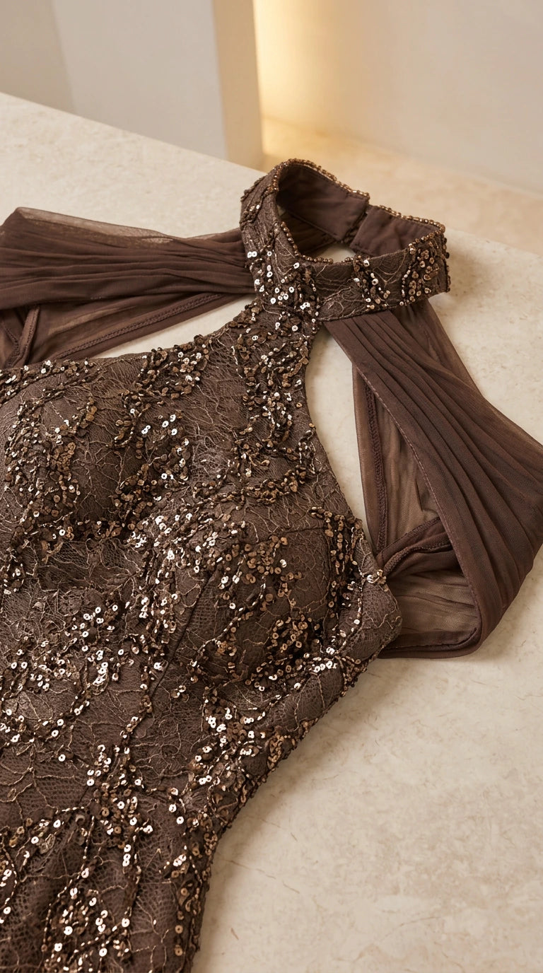 Close-up detail of Mocha sequin lace neckline and draped mesh shoulder straps