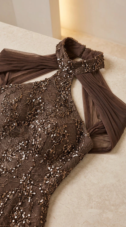 Close-up detail of Mocha sequin lace neckline and draped mesh shoulder straps