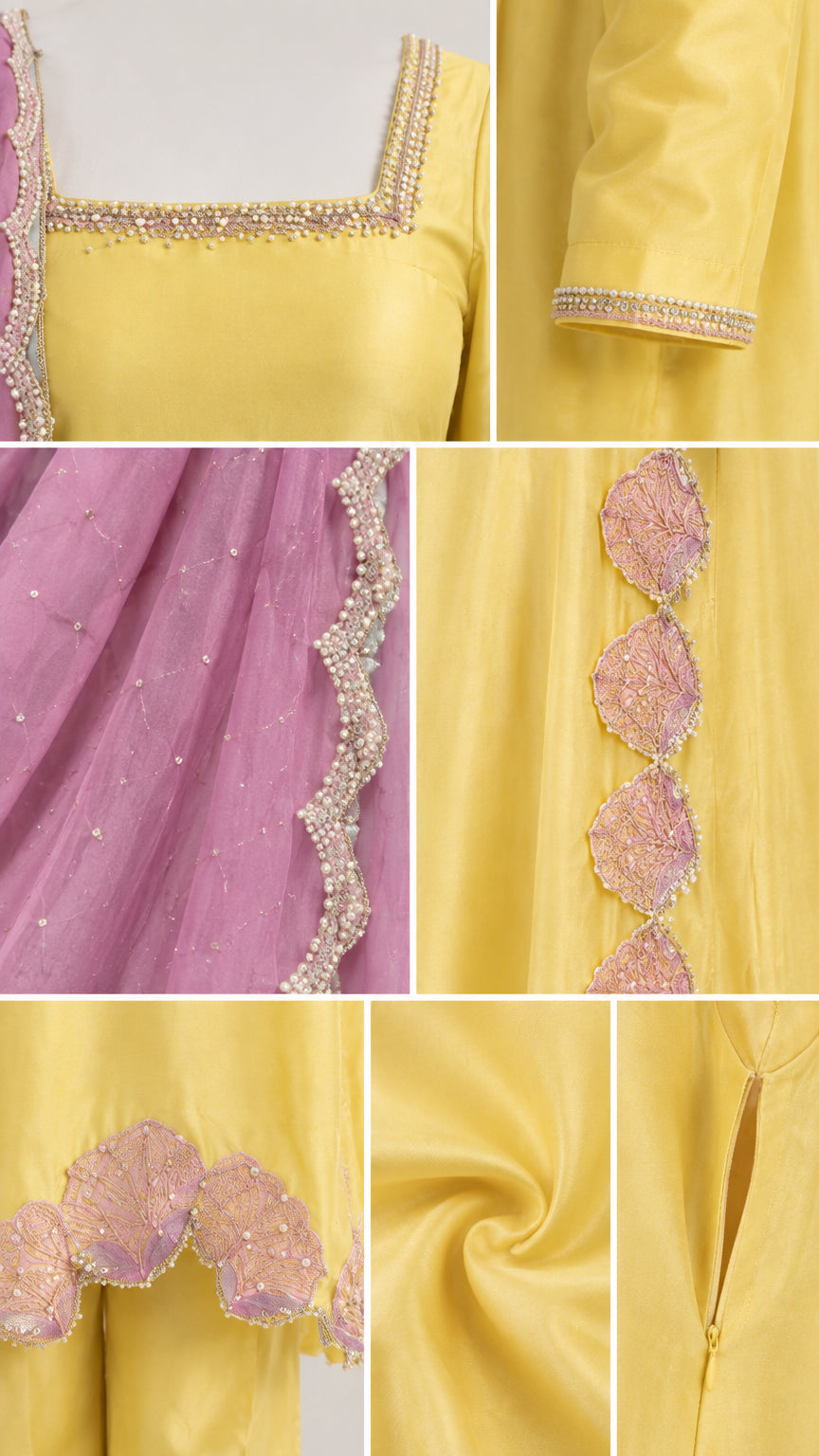 Detailed close-up of beaded neckline, sleeve cuffs, scalloped lace hem, and side zipper
