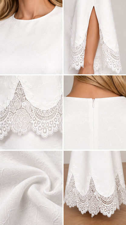 Close-up details of neckline, split sleeve, scalloped lace hem, and back zipper
