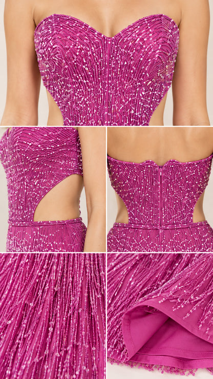 Close-up details of fuchsia beaded sweetheart bodice, cut-outs, and fringe fabric