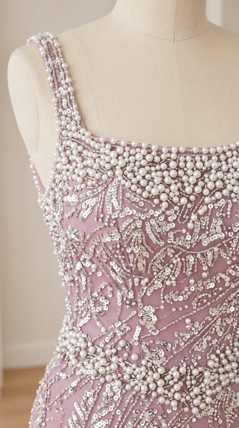 Close-up detail of faux pearls and sequin embroidery on neckline and strap