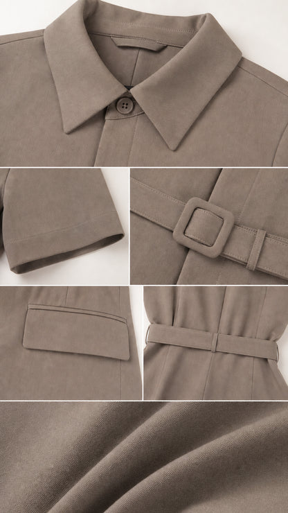 Close-up of the jumpsuit collar, sleeve, belt buckle, pocket, and woven texture