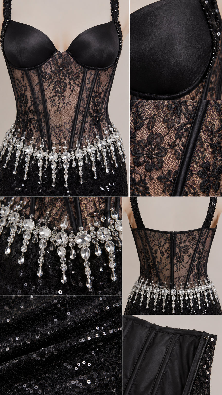 Close-up details of sheer lace bodice, crystal waist fringe, and sequins