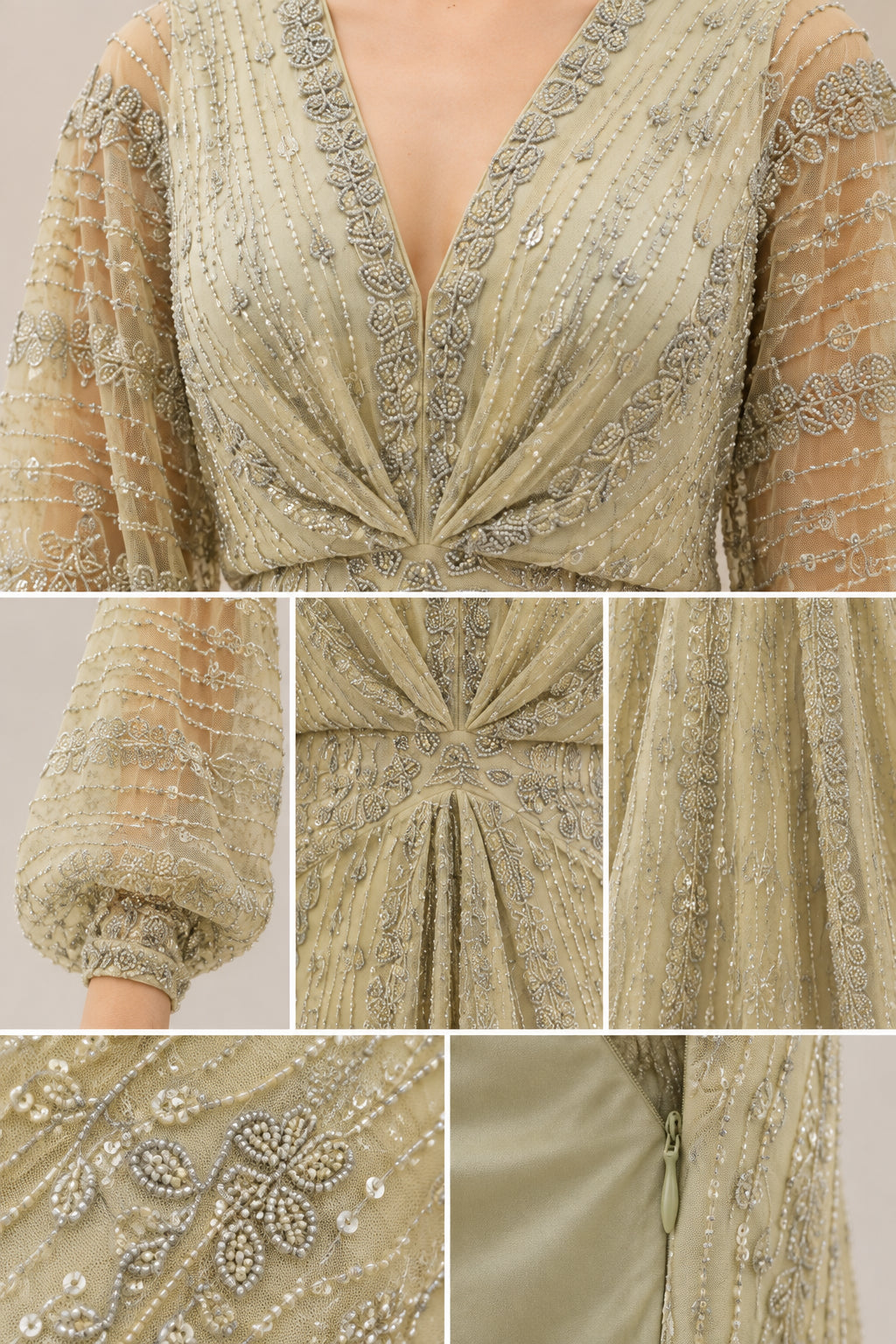 Close-up details of intricate beading, twist-front neckline, sleeve cuff, and side zipper