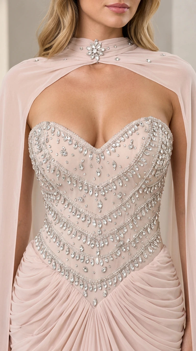Close-up of intricate crystal beaded sweetheart bodice and jeweled collar cape