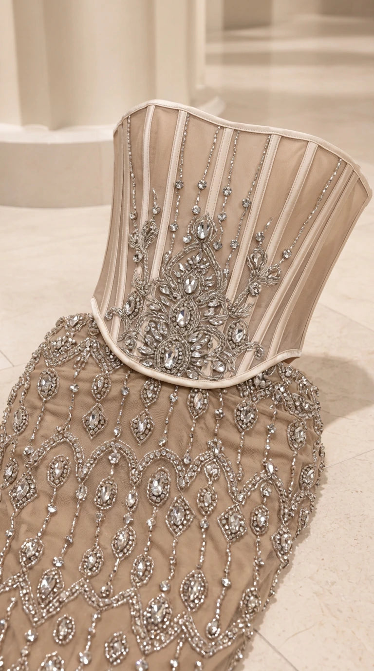Close-up detail of sheer boned corset bodice and intricate crystal beading
