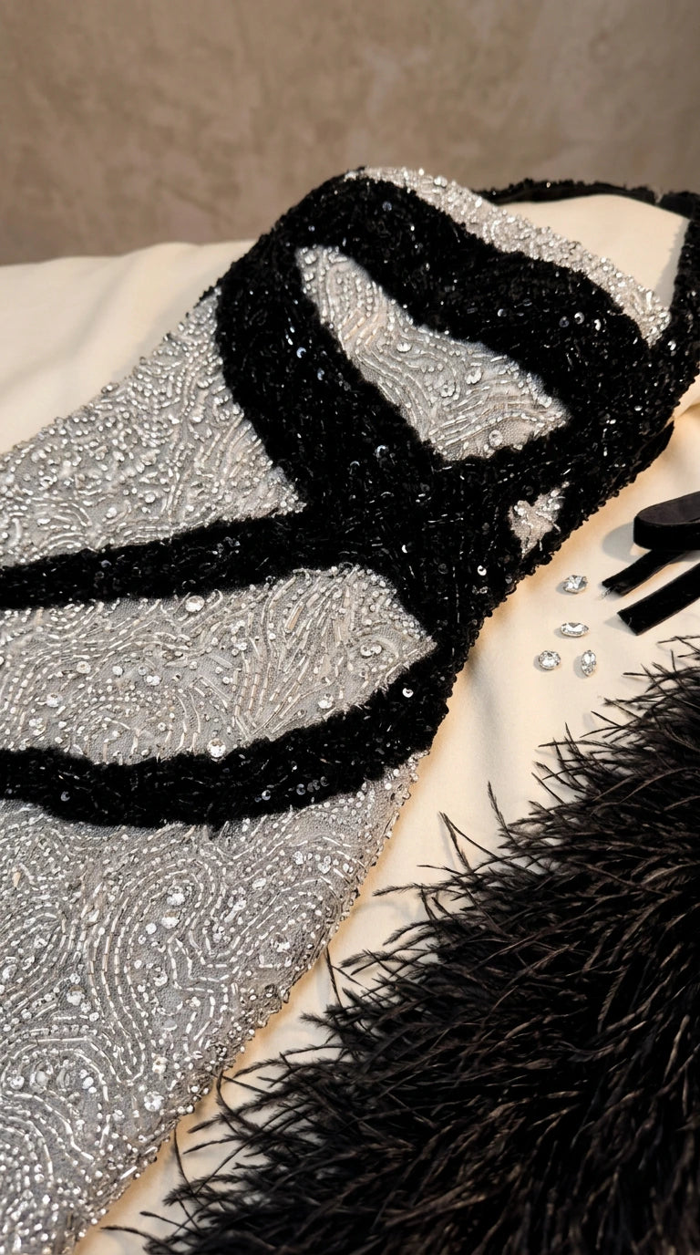 Close-up detail of intricate silver sequins and textured black contour ribbon embellishment
