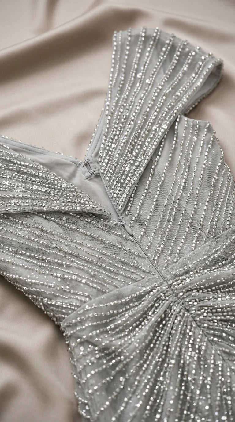 Close-up detail of the intricate sequin beadwork and concealed zipper on the bodice