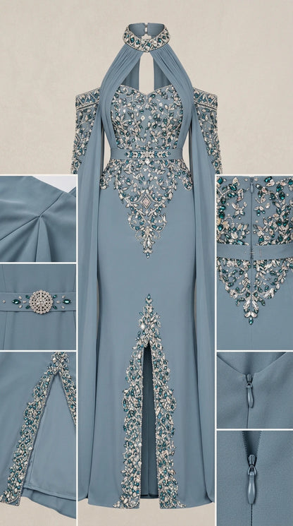 Detailed close-up of crystal beadwork and zipper on dusty blue evening dress