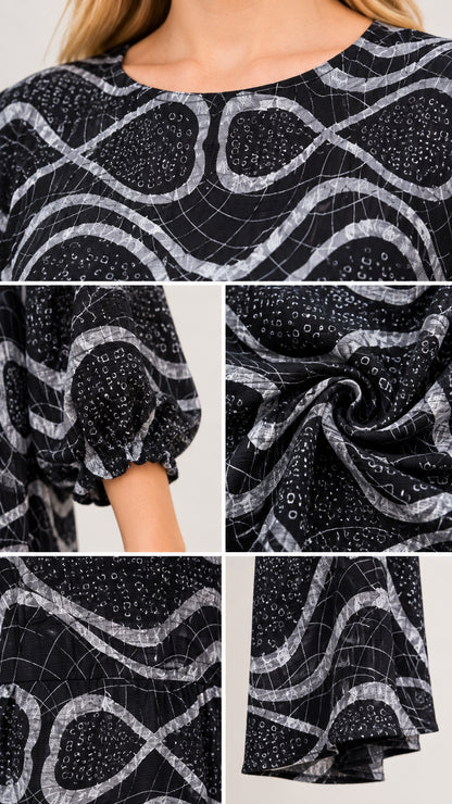 Close-up details of neckline, elastic cuffs, fabric texture, and hemline of black printed dress