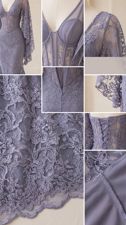 Close-up details of corset boning, floral lace embroidery, scalloped hem, and zipper