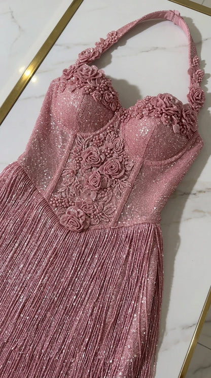 Close-up detail of 3D floral corset bodice and halter strap on Dusty Rose gown