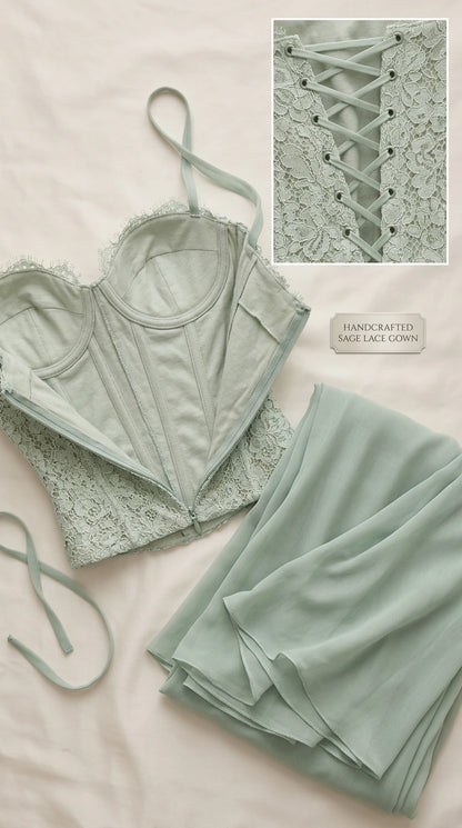 Detailed flat lay showing interior boning and lace craftsmanship of the bodice