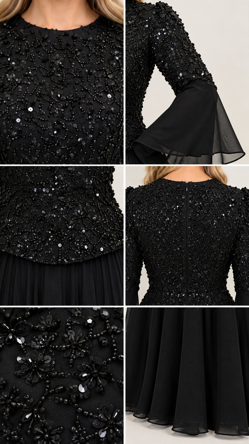 Close-up details of black sequin beading, bell cuffs, back zipper, and hemline