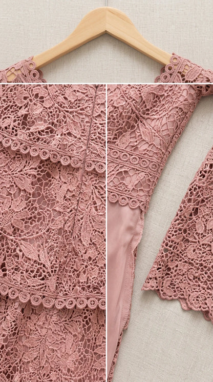 Close-up detail of dusty rose floral lace and tiered scalloped trim