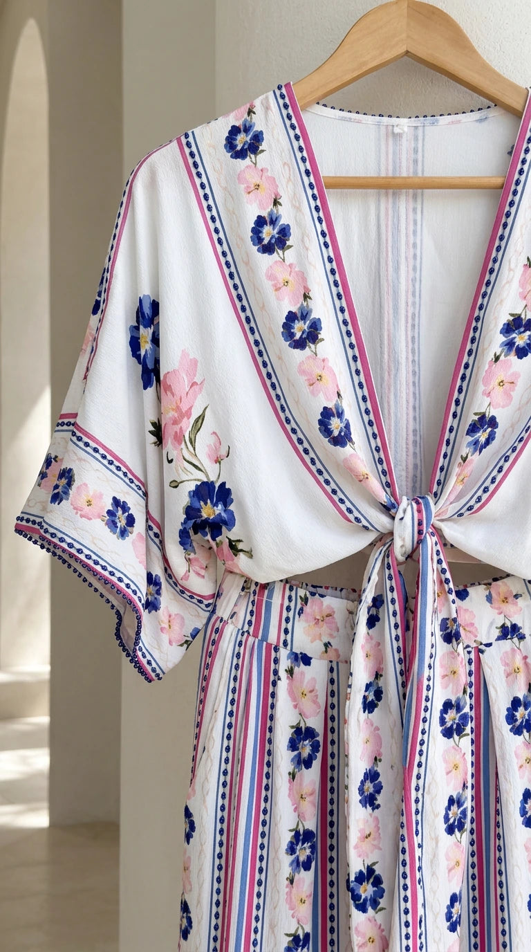 Close-up detail of white floral print tie-front top and kimono sleeves on wooden hanger