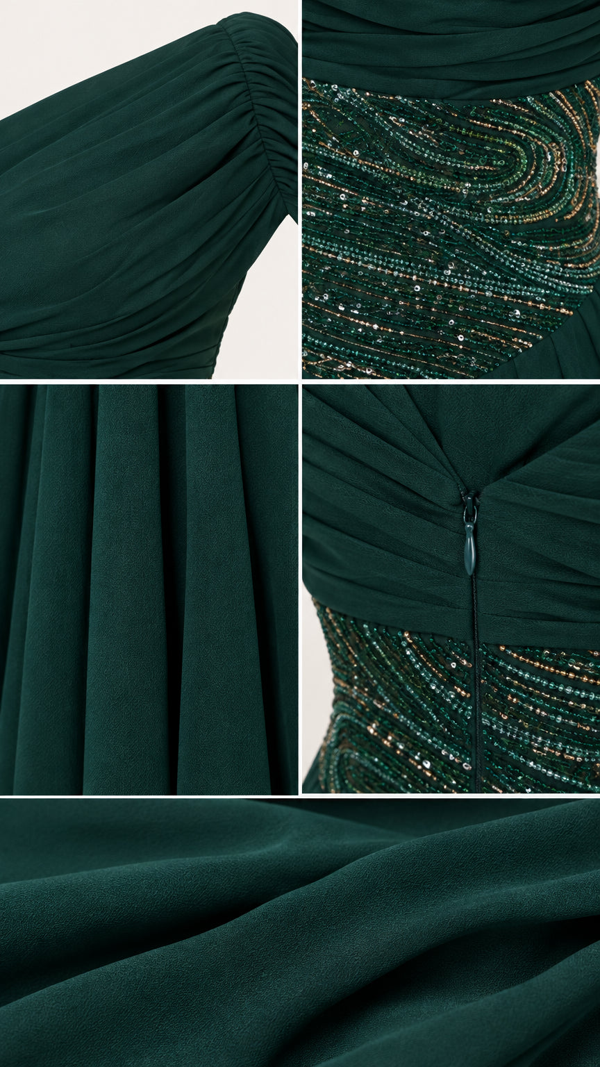 Detailed close-ups of draped shoulder, beaded waistband, pleated skirt, and hidden zipper