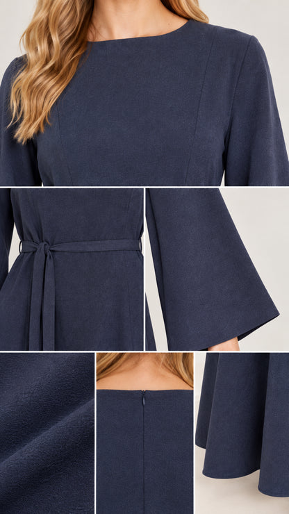 Detailed close-up collage of neckline, tie belt, bell sleeve, textured fabric, and back zipper