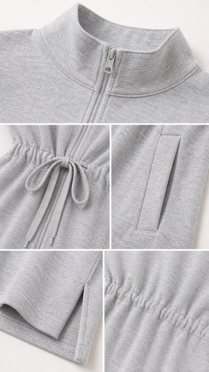 Close-up details of mock neck zipper, drawstring waist, pocket, and pants hem