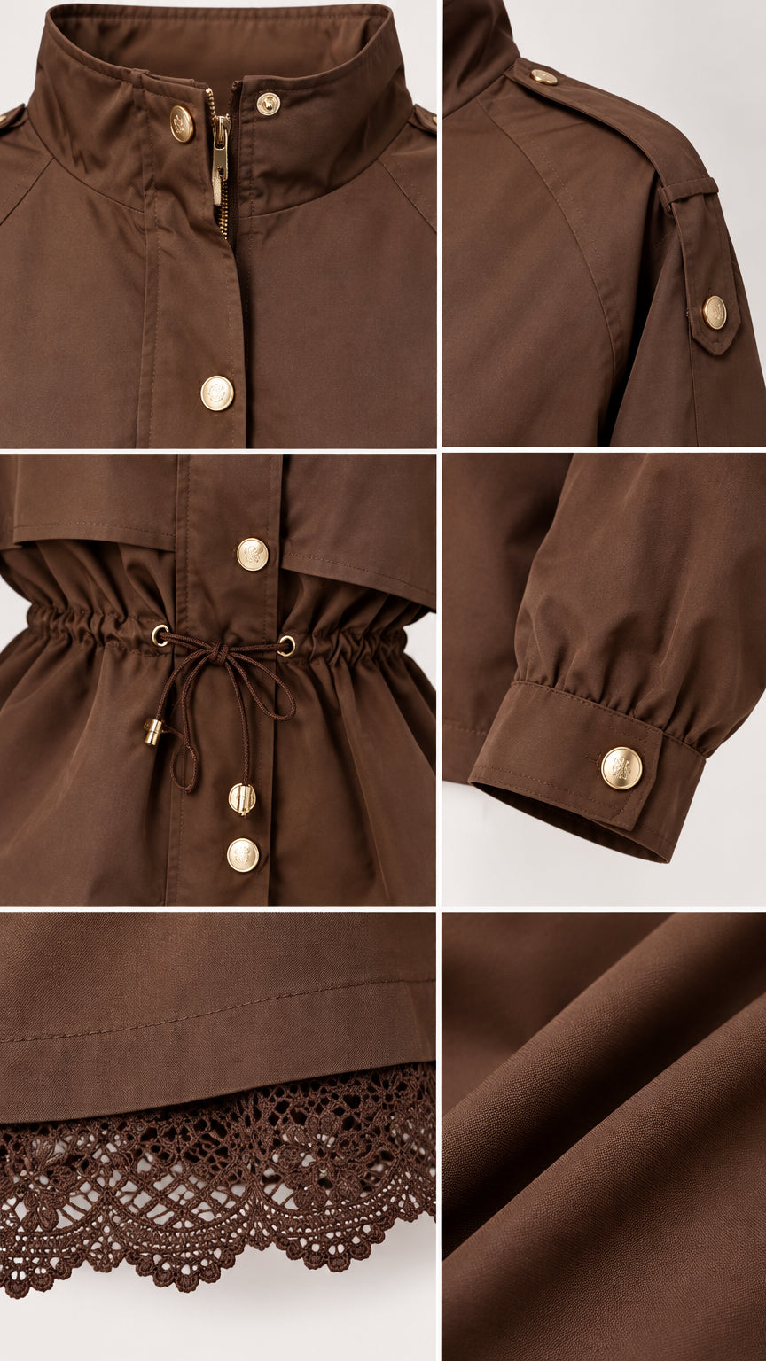 Close-up details of jacket collar, snap buttons, drawstring waist, button cuffs, and lace hem