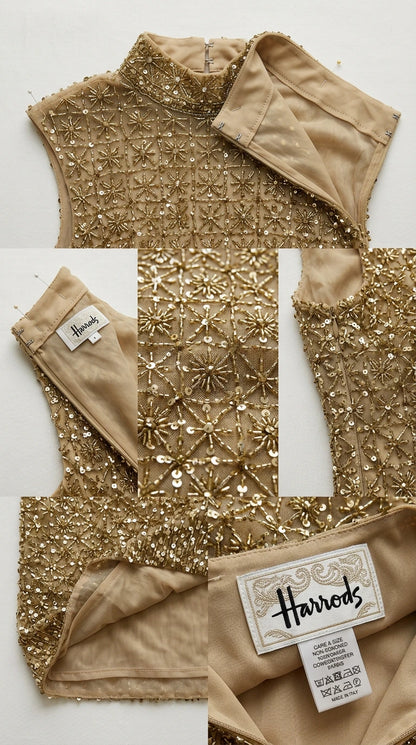 Close-up details of intricate beadwork, mock neckline, and interior lining of gold gown