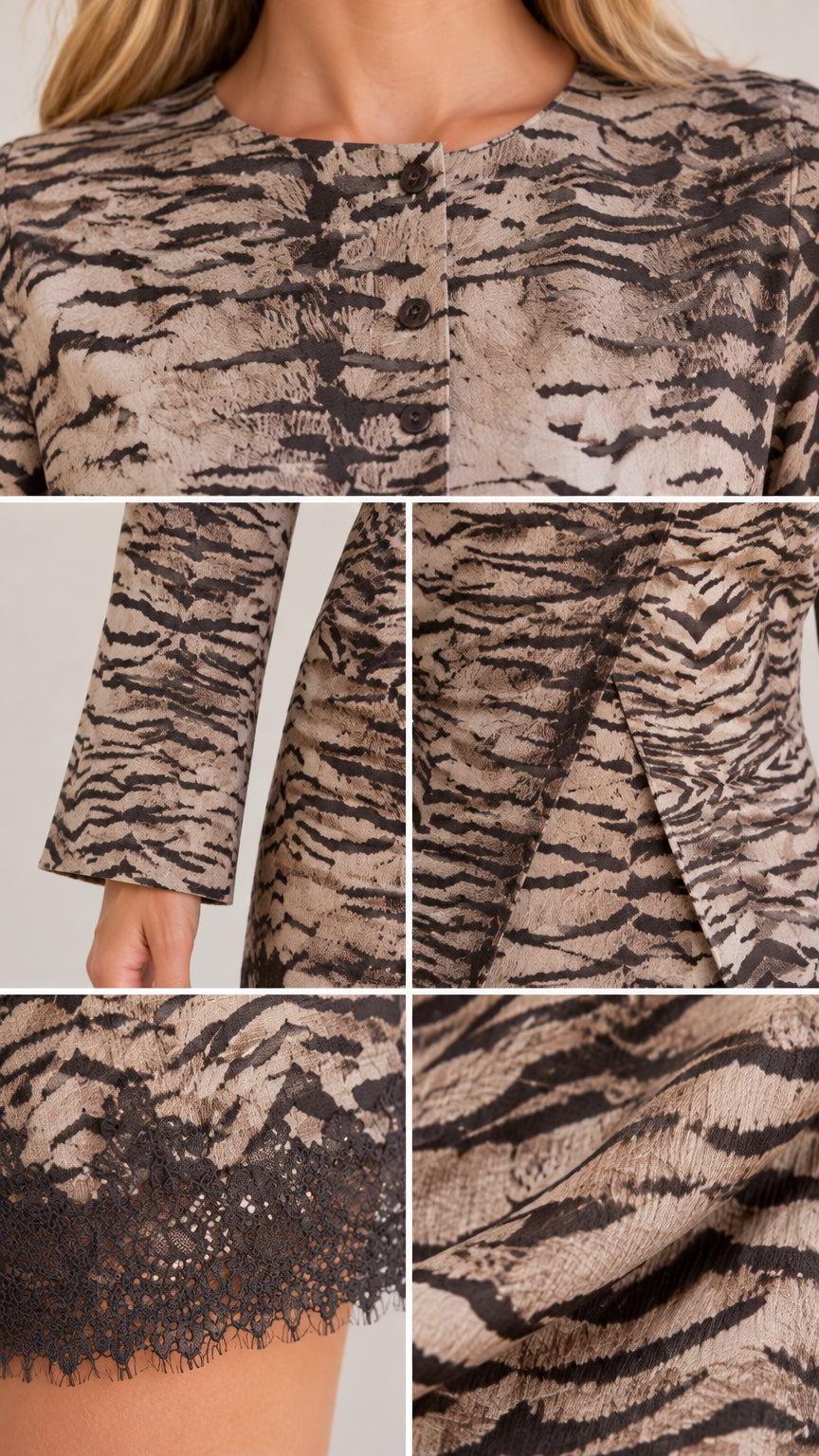 Detailed close-up collage of neckline, sleeve cuffs, split front hem, and eyelash lace trim