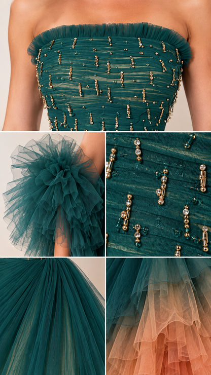 Close-up details of beaded strapless bodice and ruffled tulle sleeve wraps