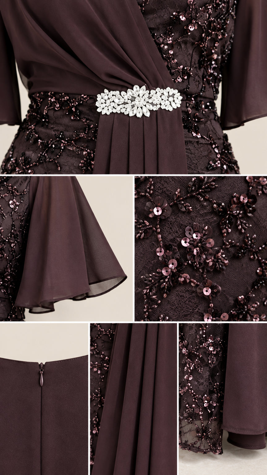 Detailed close-ups of crystal brooch waist accent, flutter sleeve, sequin embroidery, and concealed zipper
