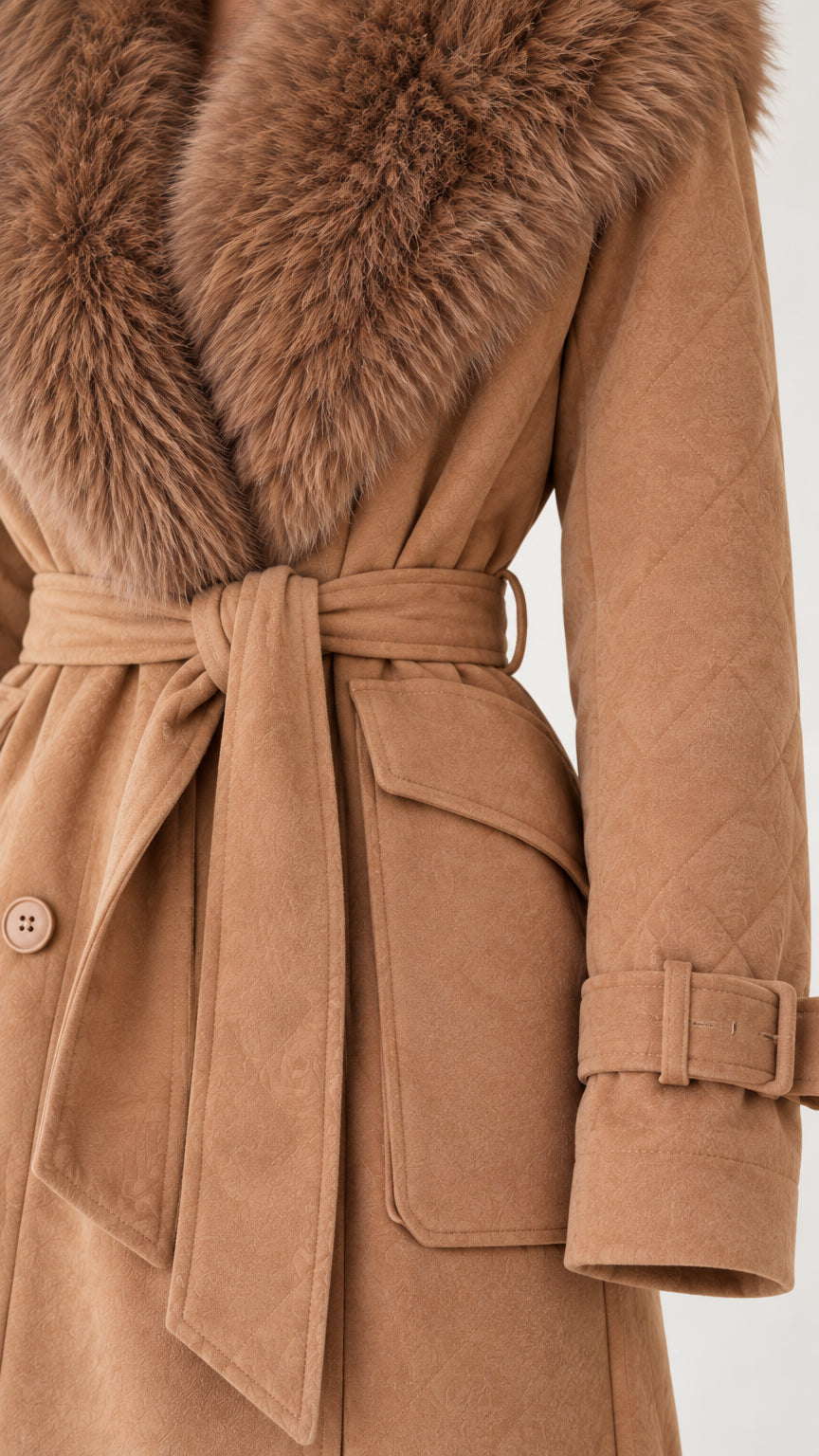 Close-up detail of plush faux fur collar, fabric tie belt, and flap pocket on camel coat