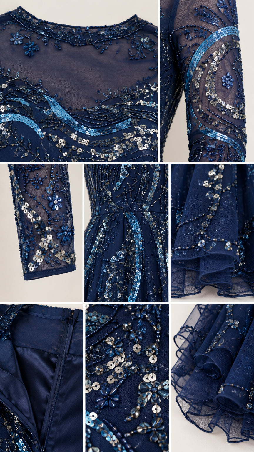 Close-up details of sequin embroidery, sheer sleeves, neckline, and zipper lining on navy blue gown
