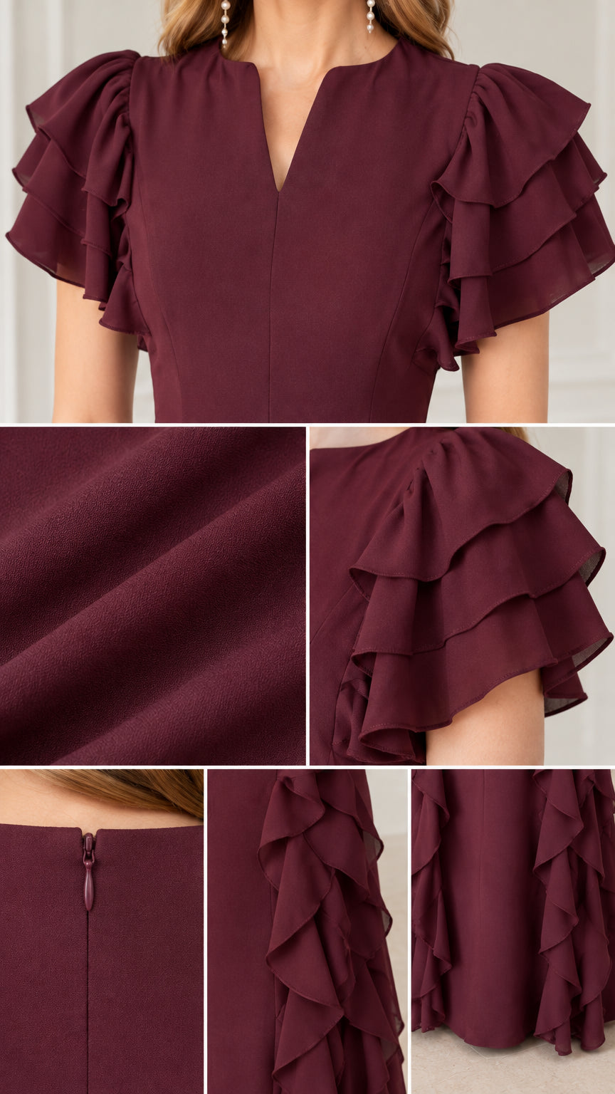 Close-up details of split V-neck, layered flutter sleeves, fabric texture, and side ruffles