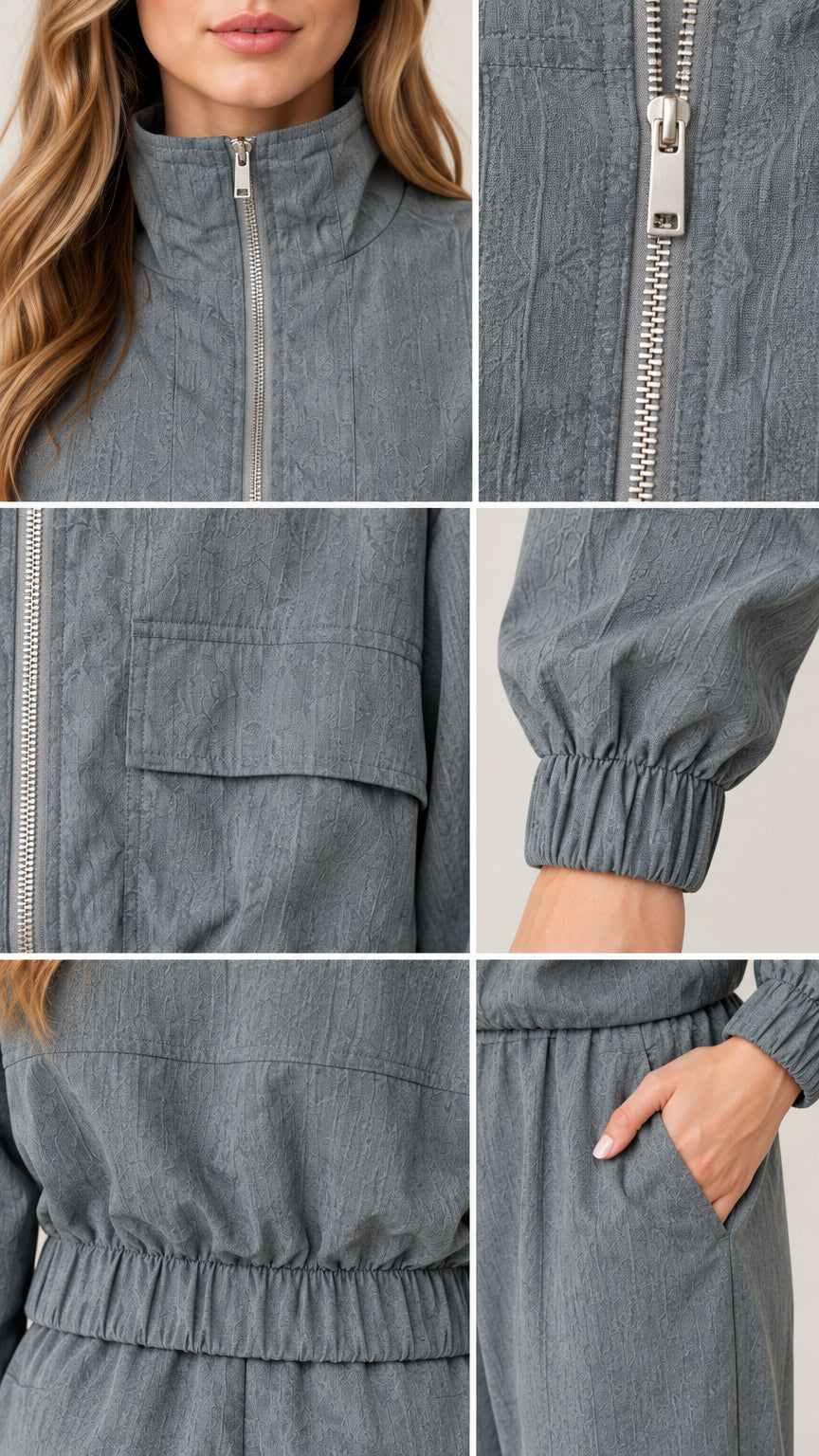 Close-up details of zipper, textured fabric, elastic cuffs, and pocket of the tracksuit set